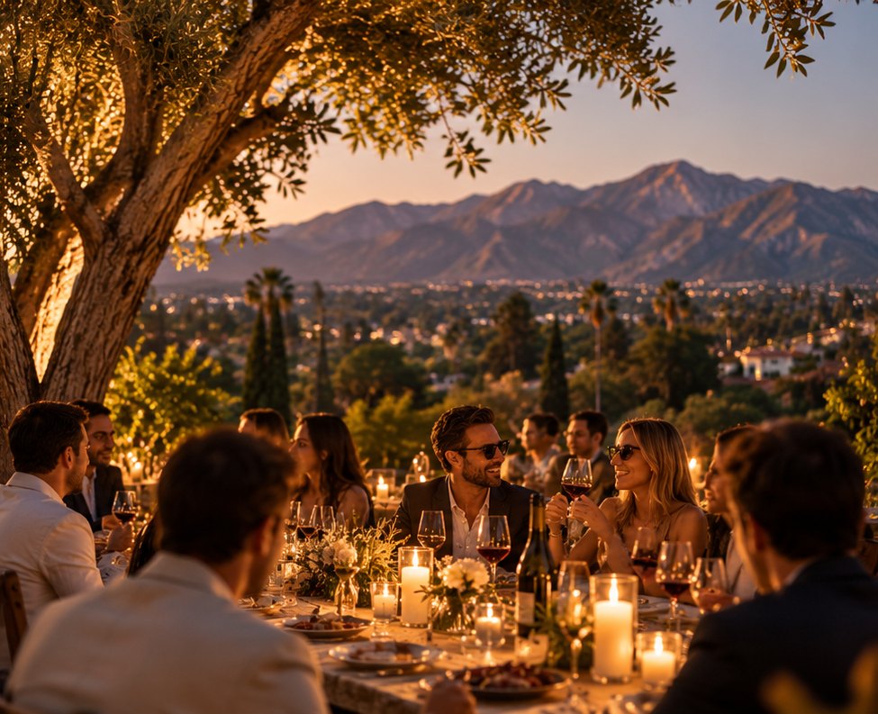 A long candlelit table at dusk