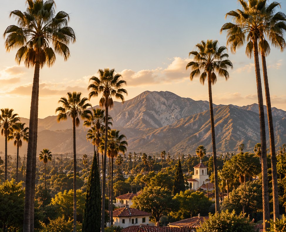 Palms and the San Gabriel Mountains above Pasadena at golden hour